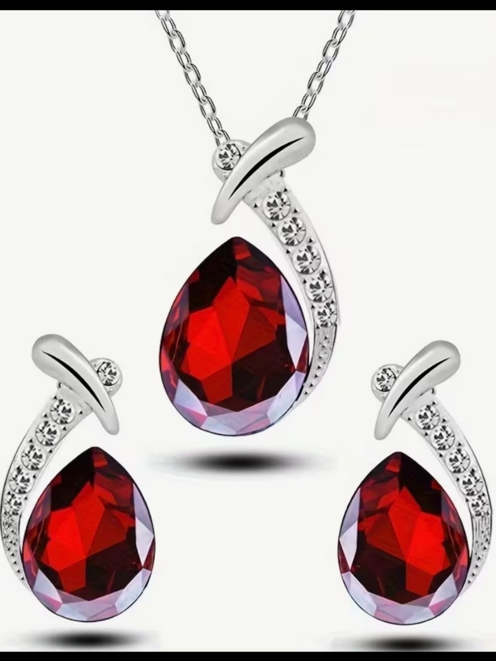 Fashion Jewelry Red and Silver Teardrop Necklace & Earring Set